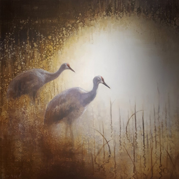 Ewoud-de-Groot-wildlife-art-artist-animals-birds-oil-painting-canvas-linen-two-cranes